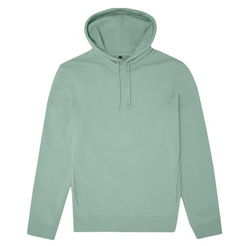 Mint green organic cotton-polyester blend hoodie with hood and drawstring.
