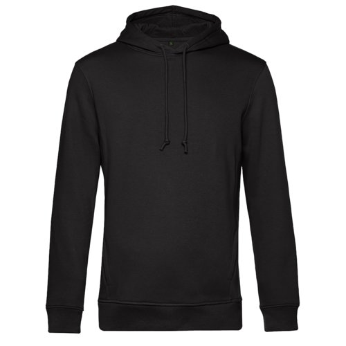 Black cotton-polyester hoodie with hood and drawstring.