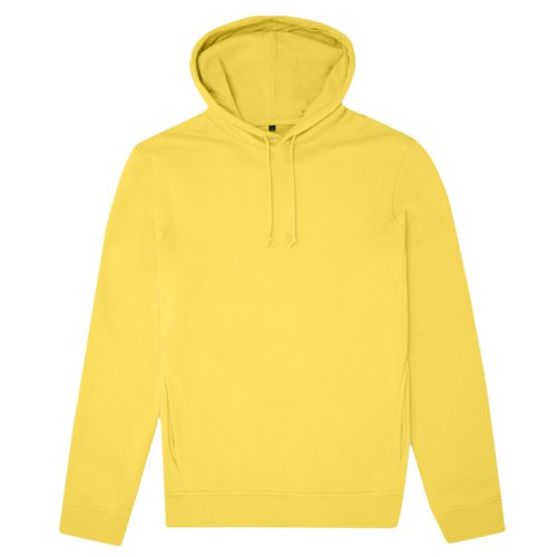 Yellow cotton-polyester hoodie with hood and drawstring.