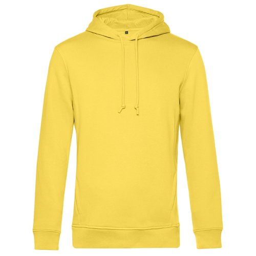 Yellow cotton-polyester hoodie with hood and drawstring for men.