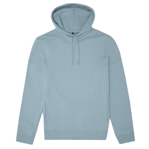 Light blue cotton-polyester hoodie with hood and drawstring.
