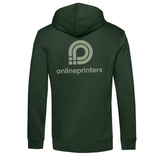 Dark green organic cotton and recycled polyester hoodie with hood.