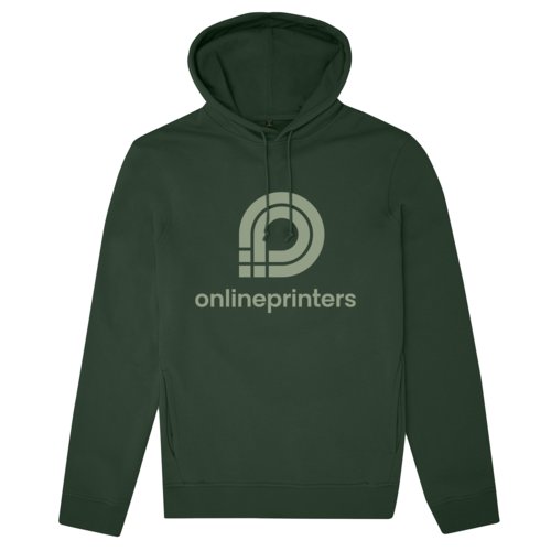 Dark green hoodie made of organic cotton and recycled polyester with hood.