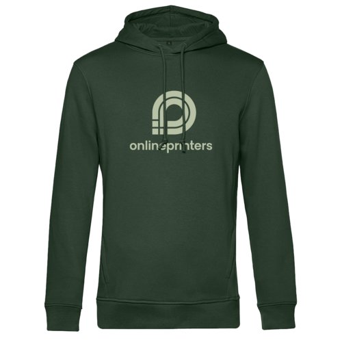 Dark green fabric hoodie for men with hood and drawstring.