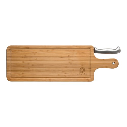 Light bamboo cutting board with juice groove and handle.