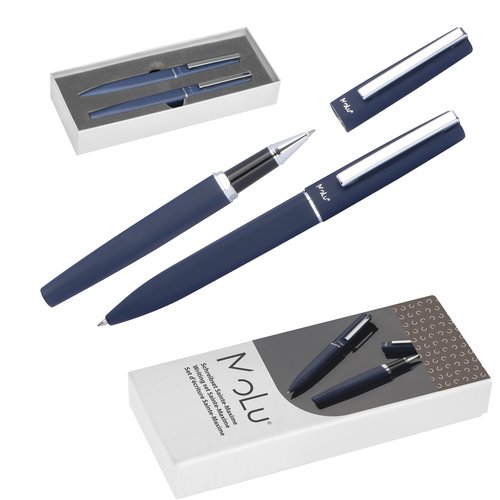 Blue writing set with ballpoint pen and rollerball pen in gift box.