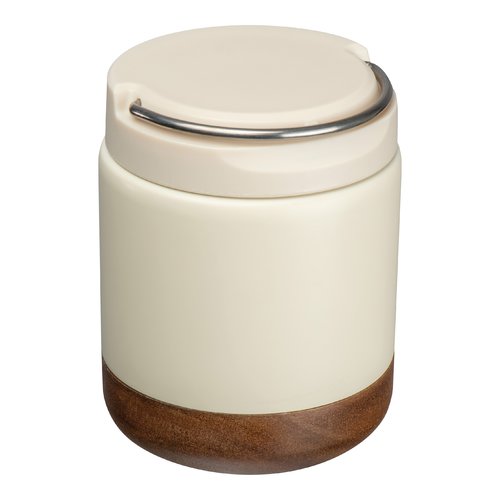 White food container with stainless steel wire bracket.