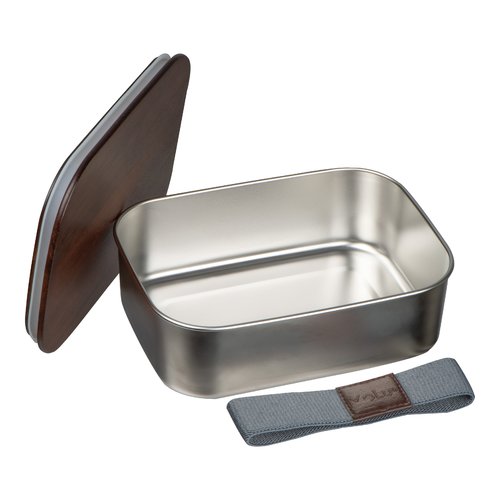 Silver-gray metal lunchbox with wooden lid and rubber band.