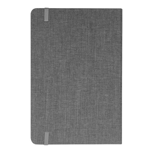 Silver-gray notebook with elastic band closure.