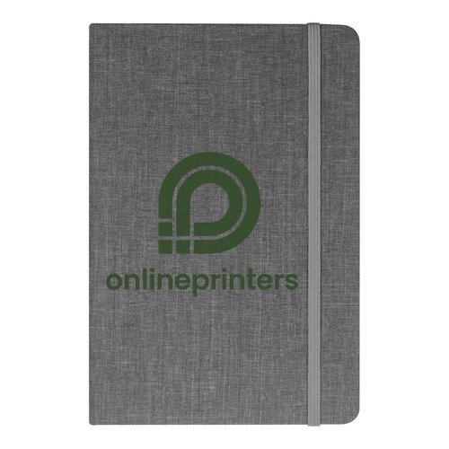 Silver-gray notebook with elastic band closure.