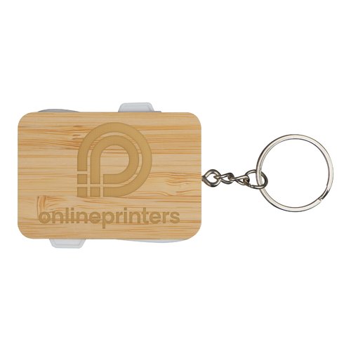 Wooden keychain with metal ring and bottle opener function.