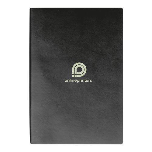 Black hardcover notebook with thread stitching.