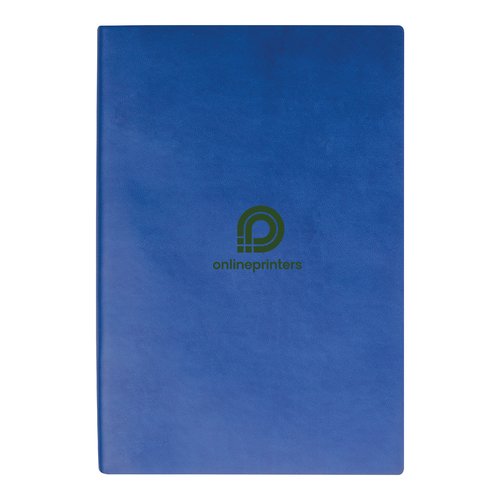Blue hardcover notebook with lined pages.