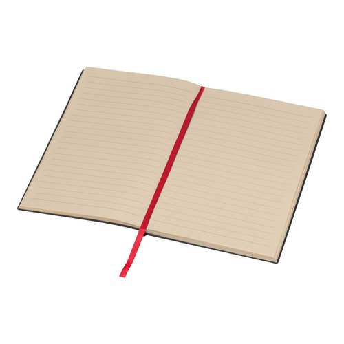 Red notebook with hardcover and bookmark.