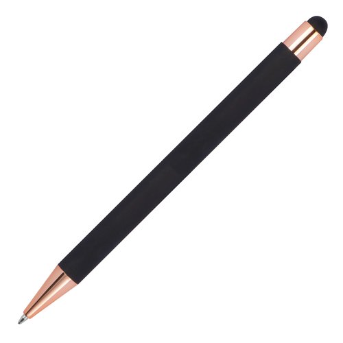 Black ballpoint pen with touch pen and push mechanism.