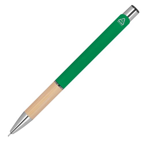 Green recycled gel ballpoint pen with push mechanism.
