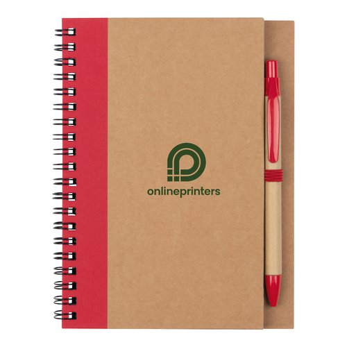 Red notepad with spiral binding.
