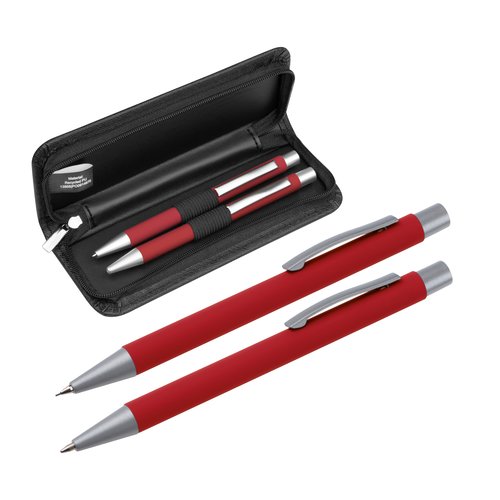 Red writing set with ballpoint pen and case.