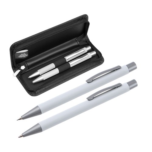 White writing set with ballpoint pen and case.