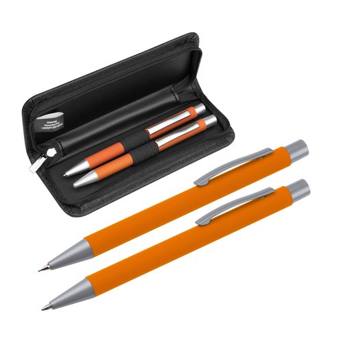 Orange writing set with ballpoint pen and twist ballpoint pen in case.