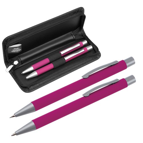 Pink writing set with ballpoint pen, rollerball pen, and zippered case.