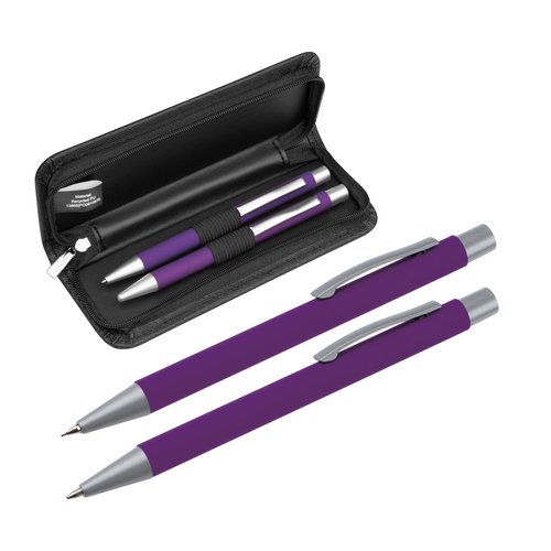 Purple writing set with ballpoint pen and case.