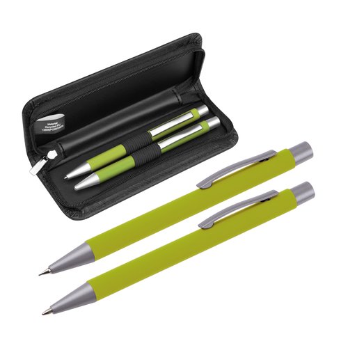 Apple green writing set with ballpoint pen and case.