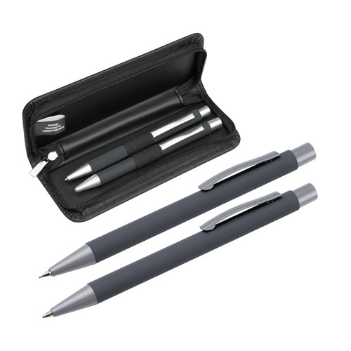 Anthracite writing set with ballpoint pen, pencil, and zippered case.