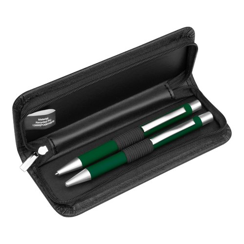 Dark green writing set made of PU leather with zipper.