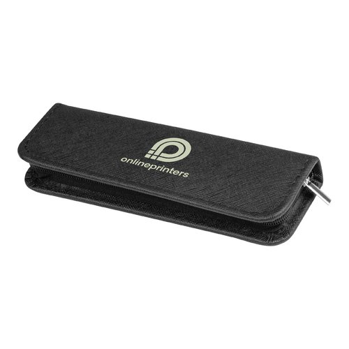 Black faux leather writing set with zipper.