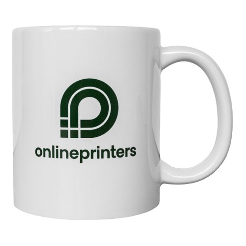 White ceramic mug with handle.