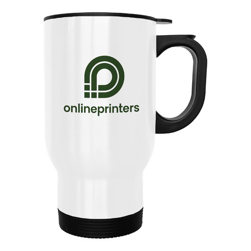 Stainless steel thermal mug with plastic handle and lid.
