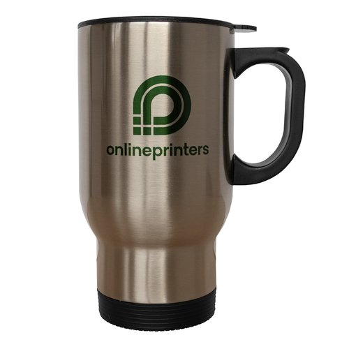 Metal insulated mug with lid and handle.