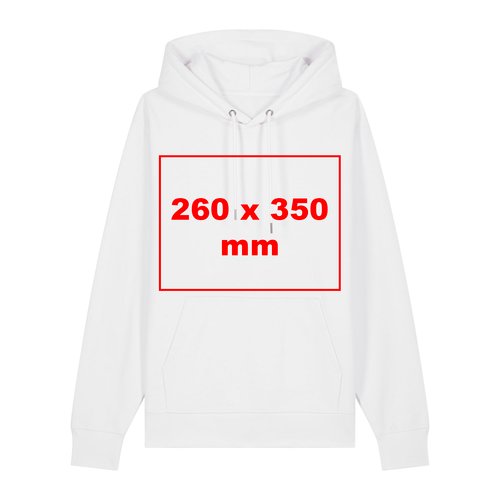 White fabric hoodie with hood and kangaroo pocket.