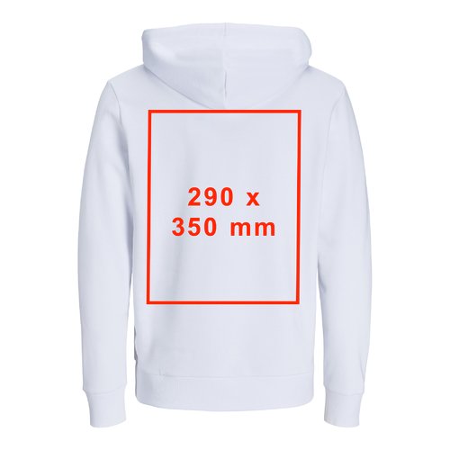White fabric hoodie with hood and drawstring, unisex fit.