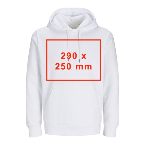 White fabric unisex hoodie with hood and kangaroo pocket.