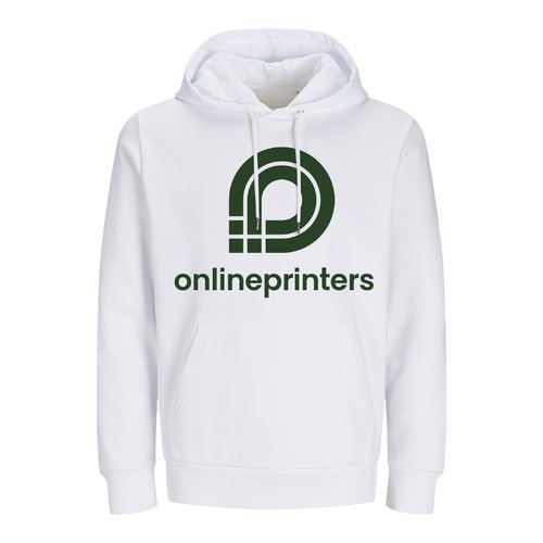 White cotton hoodie, unisex, with hood and kangaroo pocket.