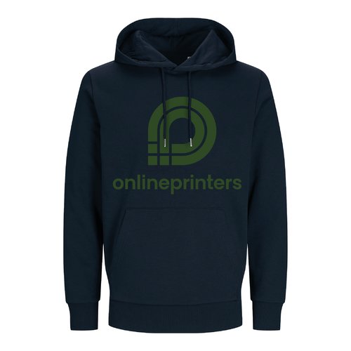 Navy-blue unisex cotton-blend hoodie with drawstring and kangaroo pocket.