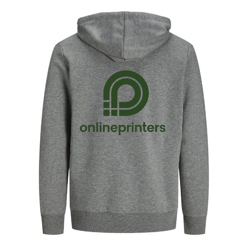 Gray heathered cotton hoodie with hood and drawstring, unisex fit.