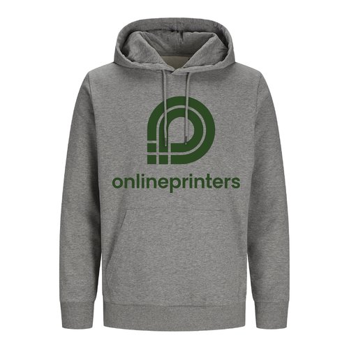 Gray fabric hoodie, unisex fit, featuring a hood and kangaroo pocket.
