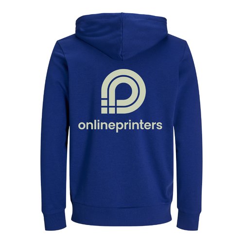 Dark blue cotton hoodie, unisex fit, with hood.