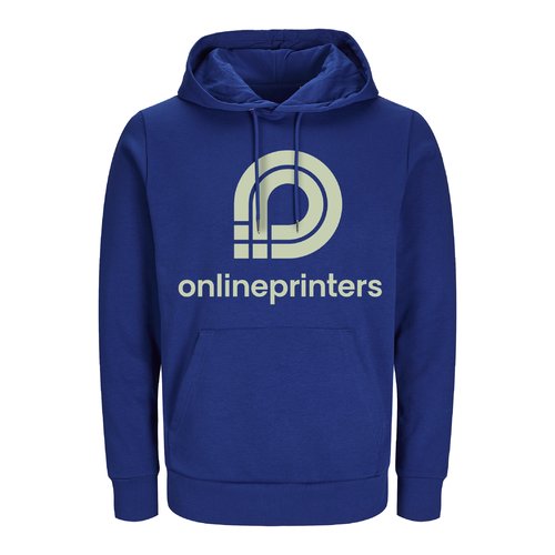 Dark blue cotton hoodie, unisex fit, with hood and drawstring.