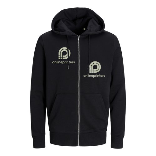 Black cotton blend hooded sweatshirt with full zipper.