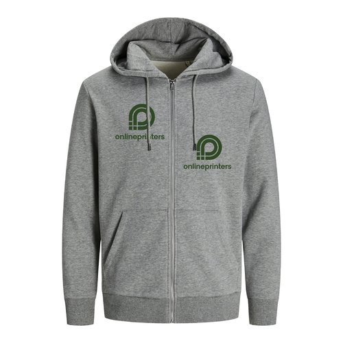 Gray heathered cotton blend sweatshirt jacket with hood and full zipper.
