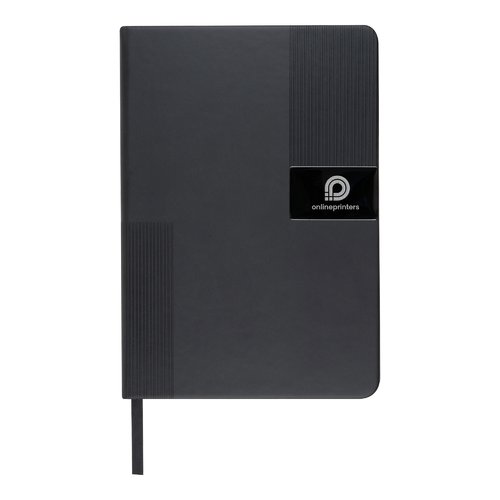 Black material notebook with pen holder and bookmark.