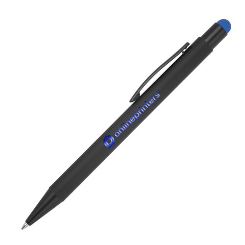 Blue metal ballpoint pen with touch function, clip and push mechanism.