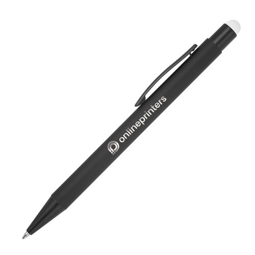 White metal ballpoint pen with touch function and clip.