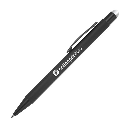 Gray metal ballpoint pen with touch function and clip.