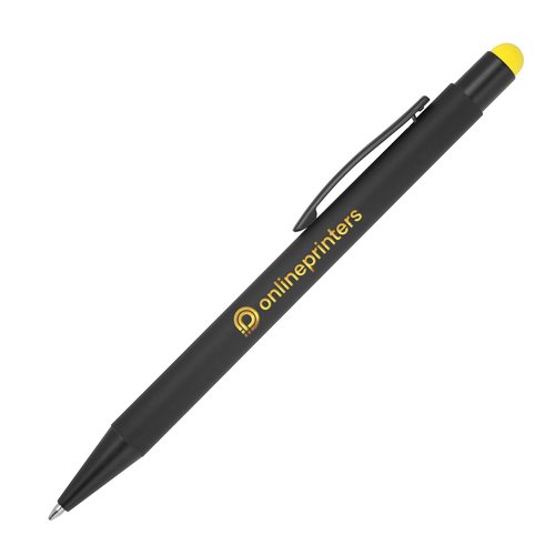 Yellow metal ballpoint pen with touch function and clip.