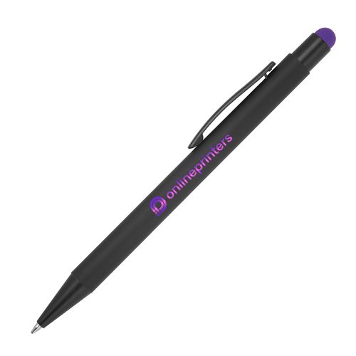 Purple metal ballpoint pen with touch function and clip.